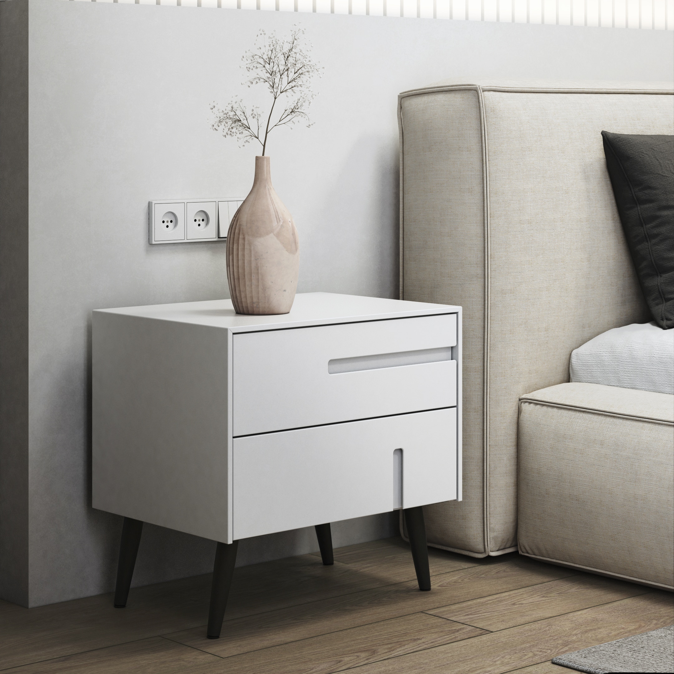 Nammal_Bedroom_Tazita_Almog_004 שידה מודרנית לצד המיטה בצבע לבן גם רגלי מתכת שחורות- דגם ALMOG